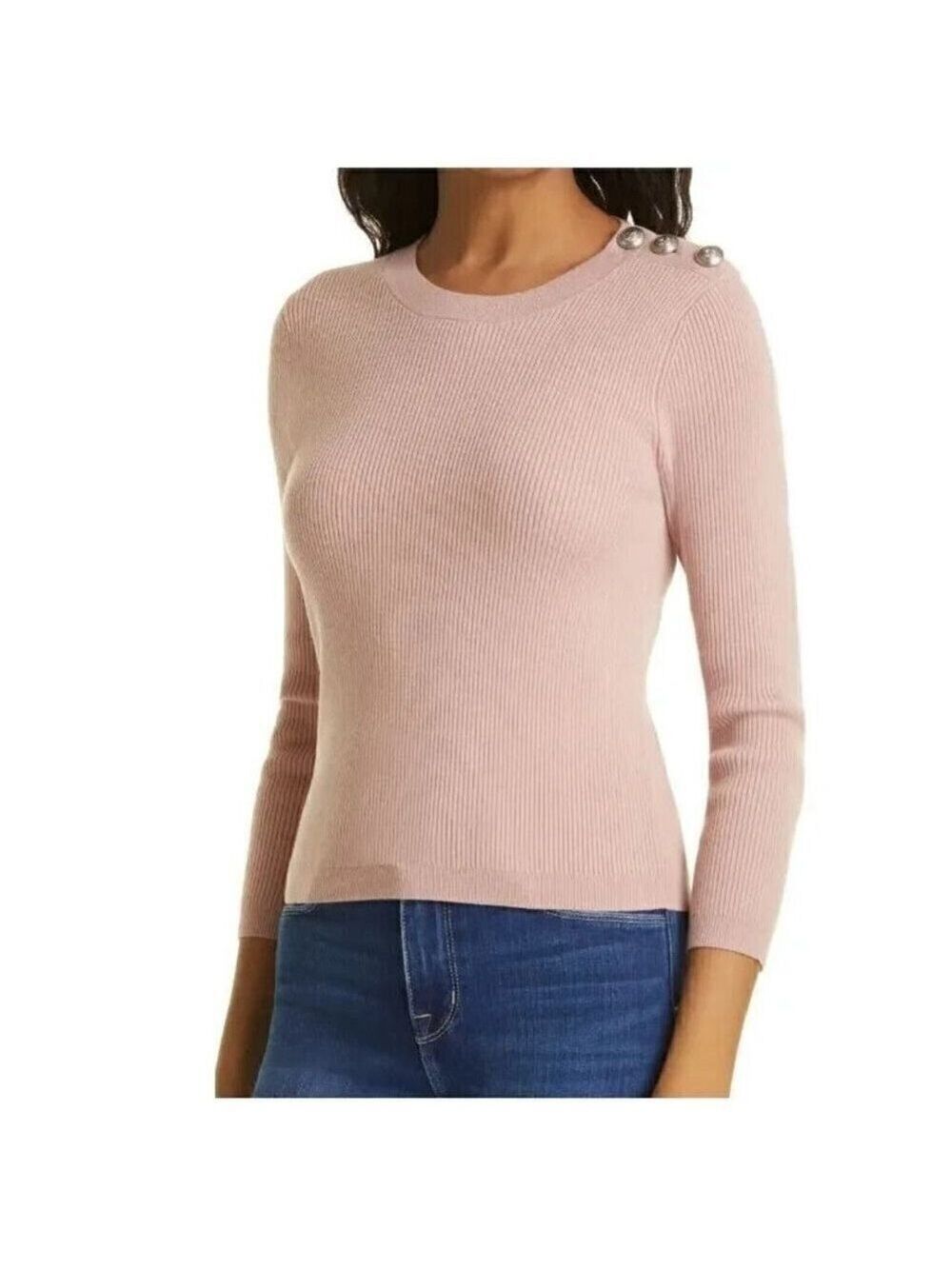L'AGENCE BNWOT "Ronnie" women ribbed crew neck sweater blush button detail